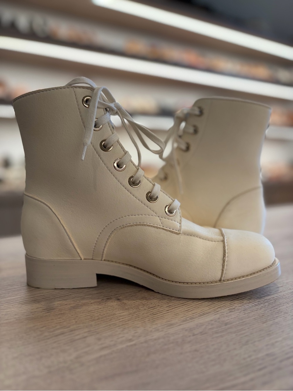 CHANEL Cream Leather Lace-Up Combat Boots with Navy CC - Picture 5 of 8